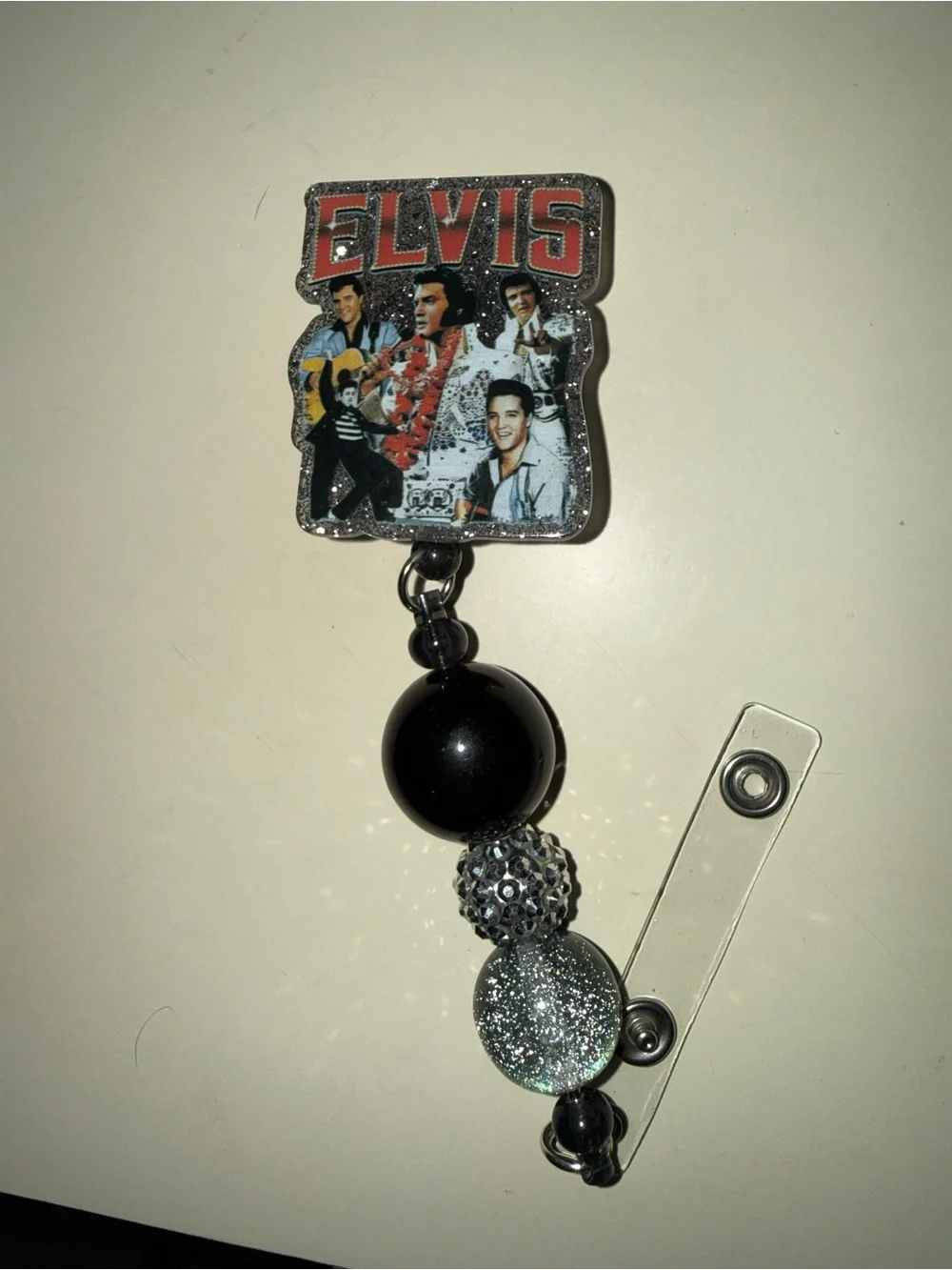 Black & Silver E l v i s Beaded Badge Reel